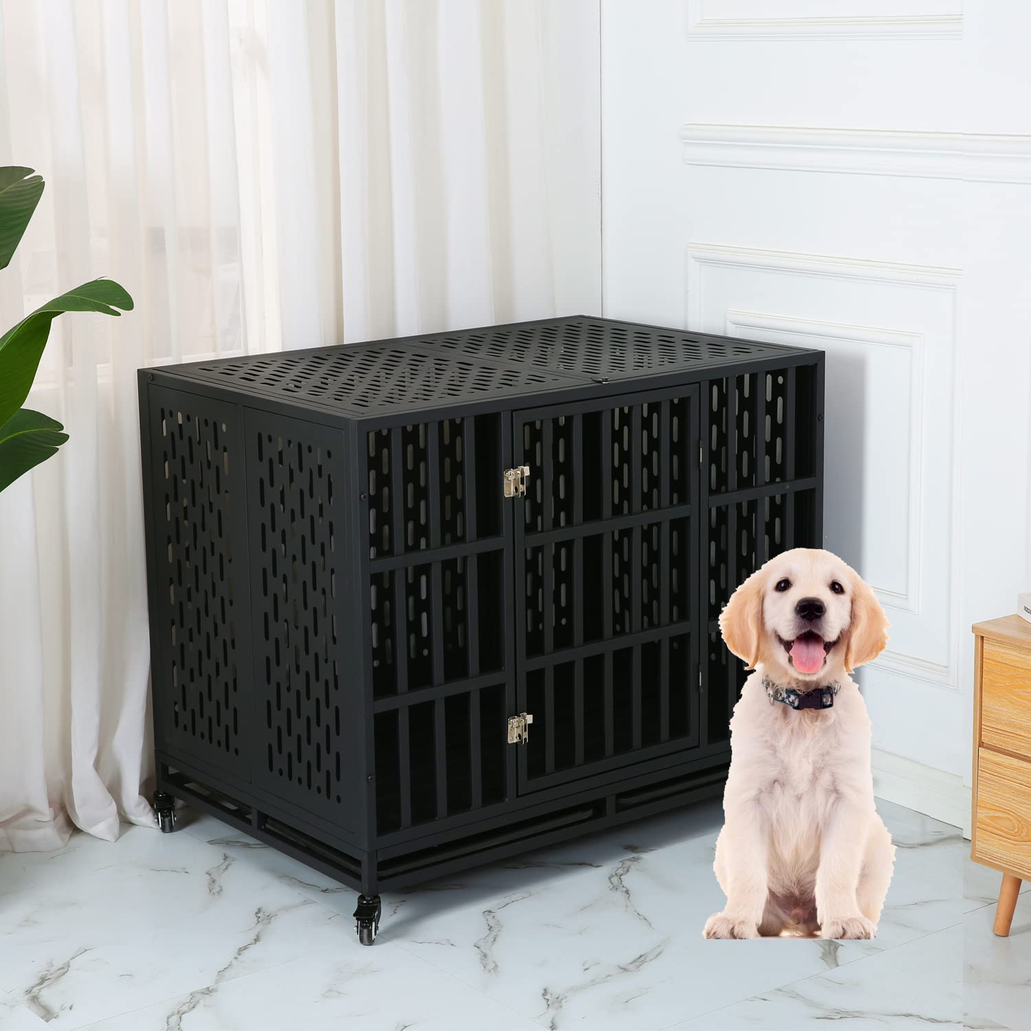 Amazon | 高耐久犬用クレート 45インチ 壊れない金属製犬小屋 壊れない